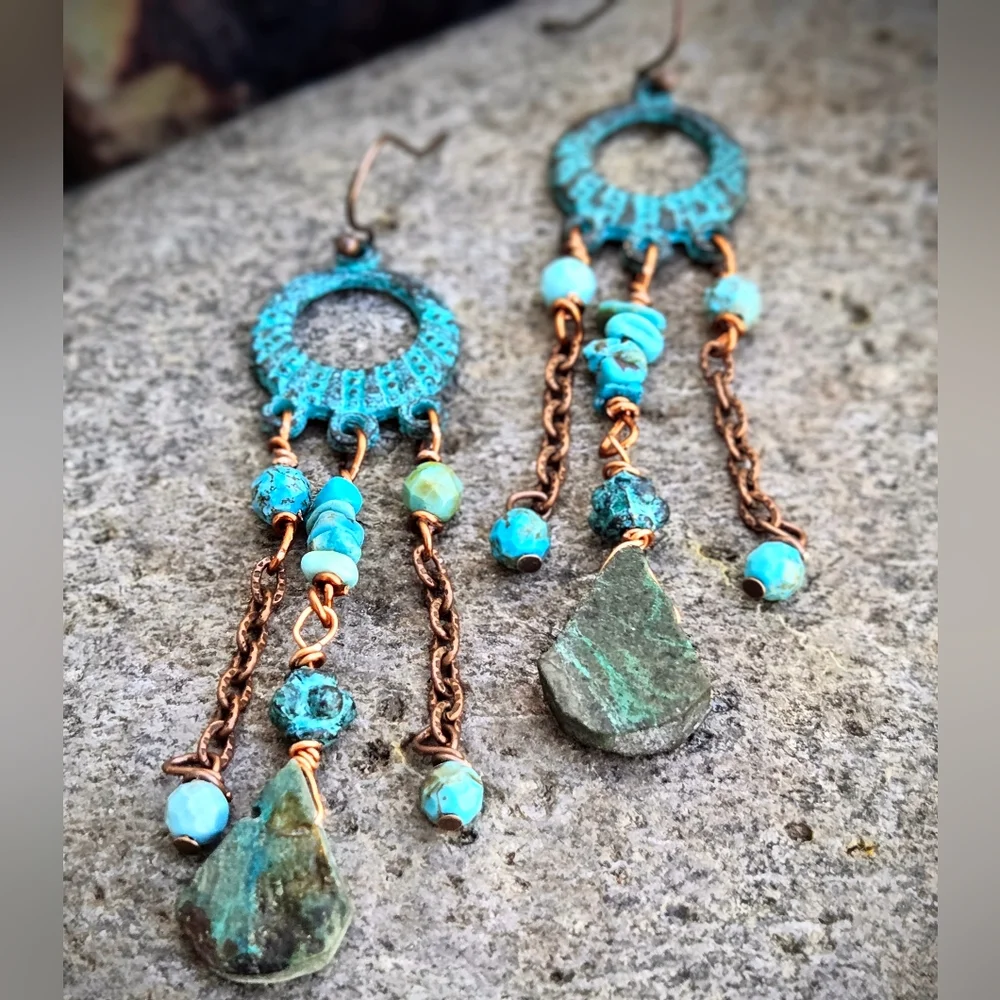 Genuine Turquoise In Green-Blue Patina Verdigris Chandelier Earrings In Copper